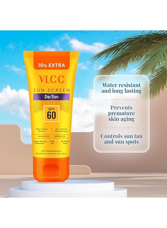 فى ال سي سي كريم جل واقي من الشمس VLCC De-Tan المقاوم للماء بعامل حماية SPF 60 PA+++ - 100 غرام + 10 غرام إضافية | مع النياسيناميد والسيراميدات وفيتامين E | يحمي من أشعة UVA وUVB وأضرار الشمس واسمرار البشرة والشيخوخة المبكرة - Image 3